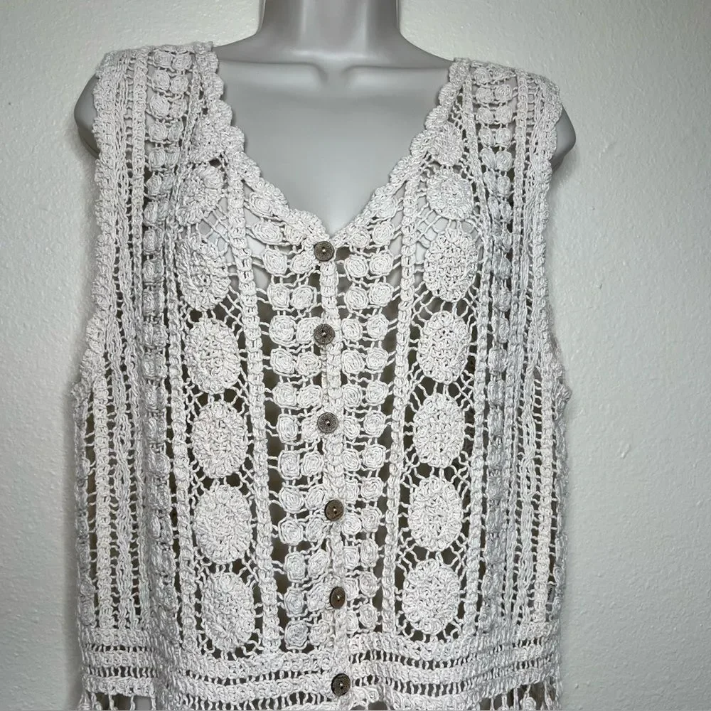 Rebellion Crochet Lace Fringe Button Front Cream Boho Vest Cotton Women Small